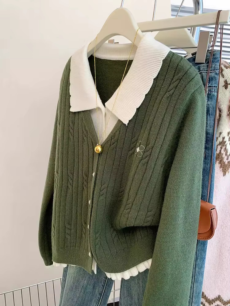 Korean Style Casual Women Lapel Fake Two Pieces Long Sleeves Knitted Cardigan Chic Sweater Coat Autumn Winter New
