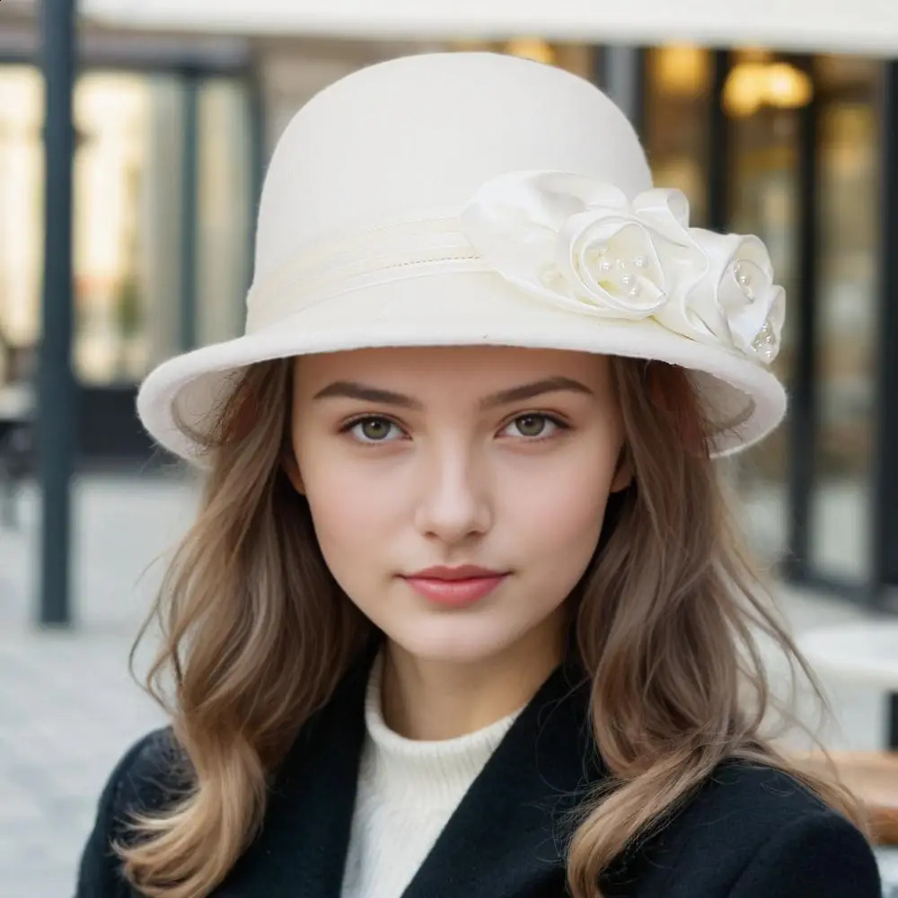 Autumn and winter woolen top hat womens British Hepburn style fisherman rose flower elegant fashionable versatile 250118