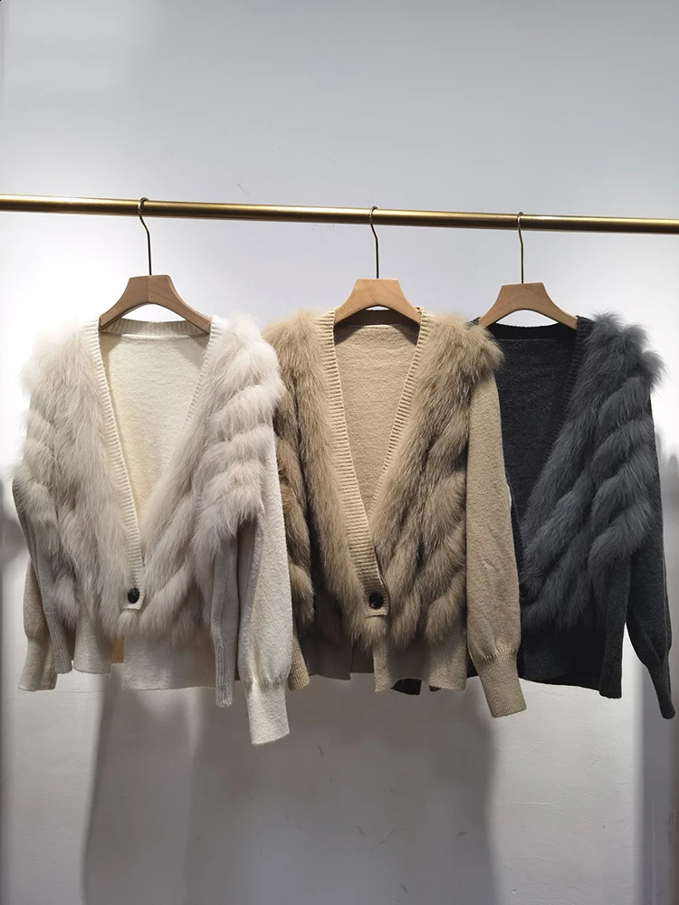 Women Spring Autumn Ladys Fashion Loose Cardigan Natural Real Fox Fur Knitted Oversize Coat Fox Fur Decoration Sweater 250117