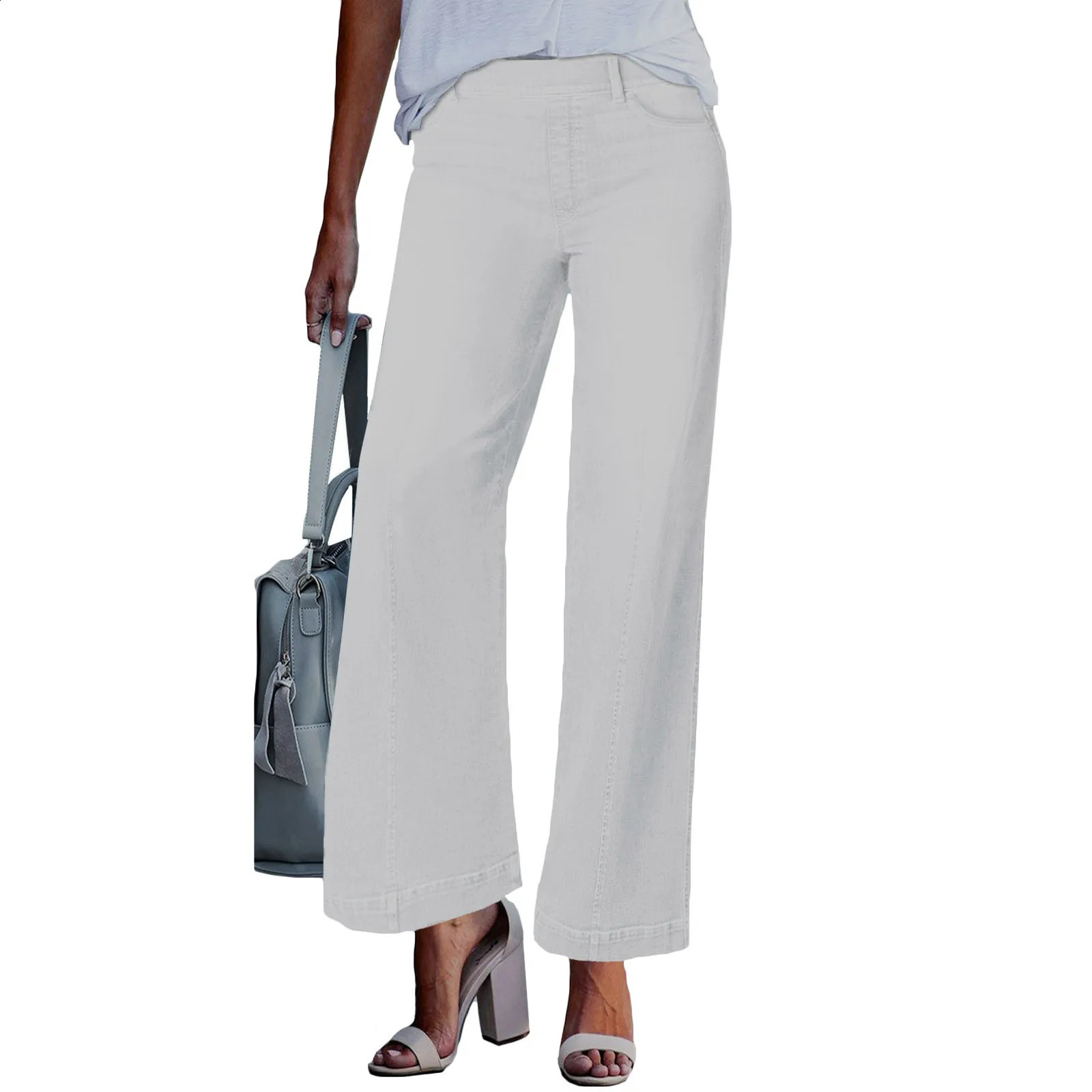 Fahionable Versatile Blue Color Lighted Jeans For Women Seamed Front Wide Leg Solid Casual Slimming Nine Length Trousers 250122