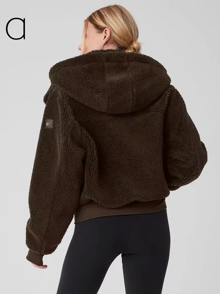 A681 Lamb Wool Zipper Coat Hooded Yoga Clothes Women's Winter Short Padded Warm Cotton-padded Jacket
