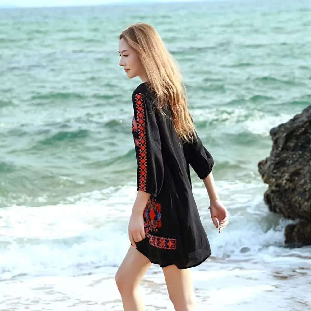 V Neck Black Beach Ral Embroidery Boho Short Dress New Ethnic Vacation Dresses Femme Summer Chic Robes
