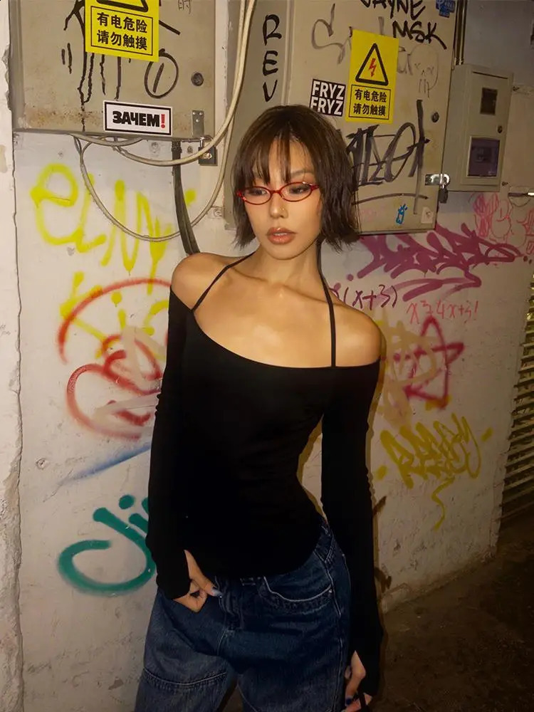 Yedinas Womens Long Sleeve Halter T Shirt Black Slim Clothes Y2K Tees Female Clothing Skinny Streetwear 2000s Tshirts Slim Tops 250109