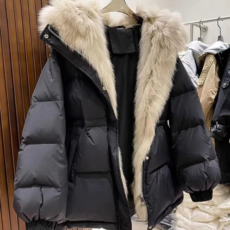 2024 New Winter Down Jacket Women Warm Oversized Real Natural Fox Fur Collar Hooded Waistband Puffer Feather Coats