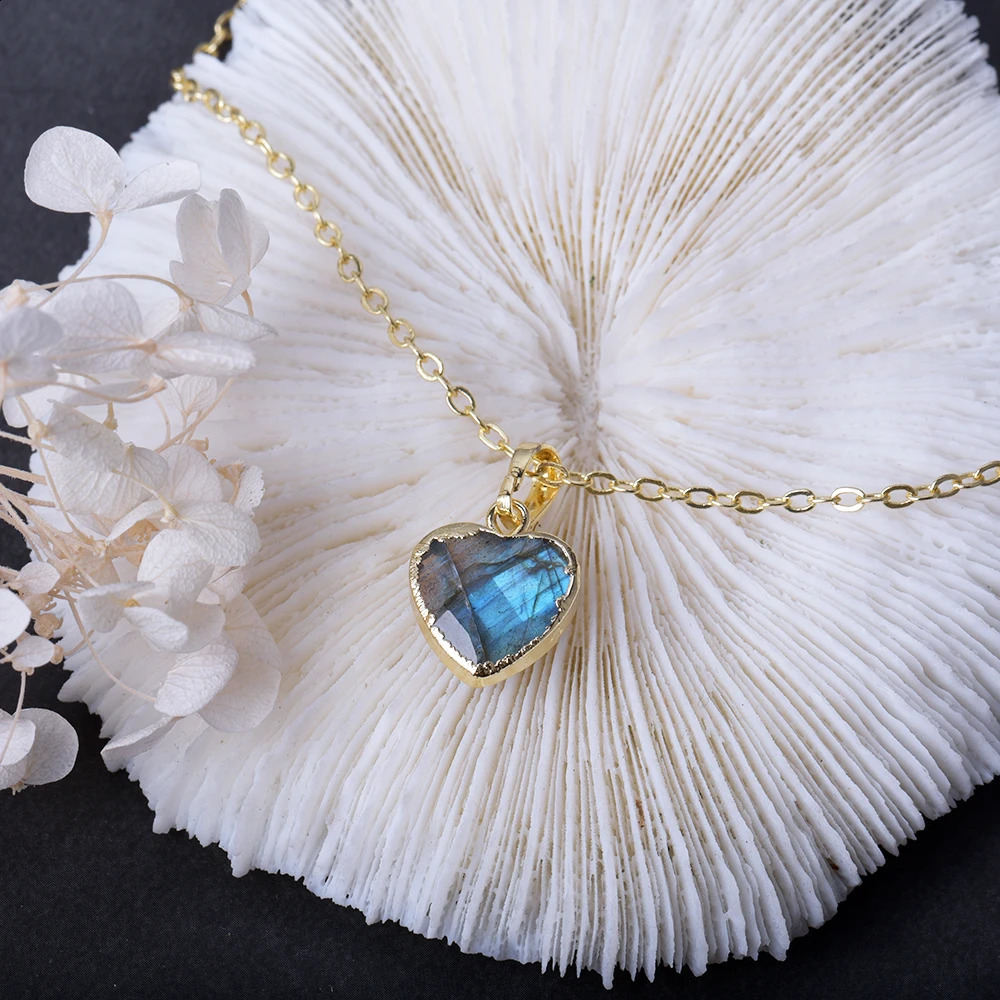 ITSMOS 14K-Gold Plated Heart Natural Labradorite Pendant Necklace Simple Blue Light Love Jewelry Necklace for Women Gift 250117