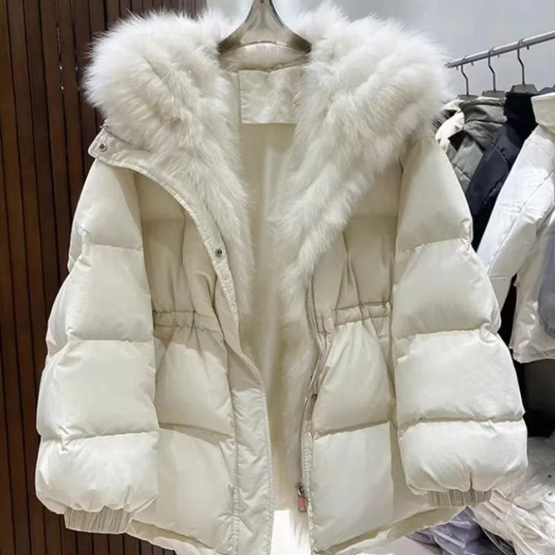 2024 New Winter Down Jacket Women Warm Oversized Real Natural Fox Fur Collar Hooded Waistband Puffer Feather Coats