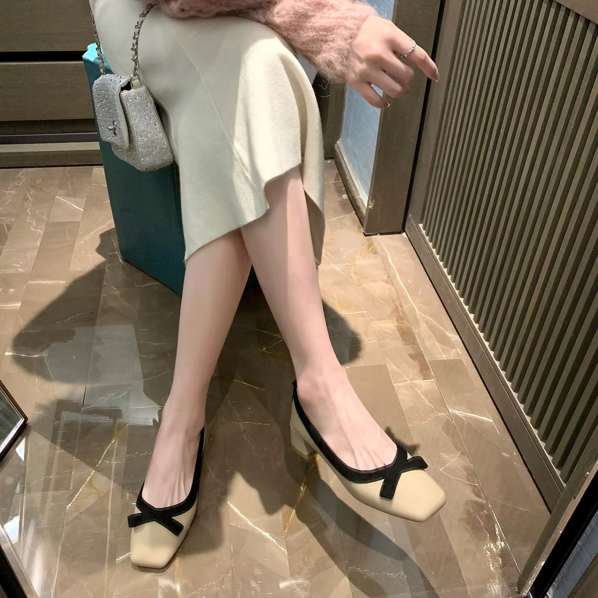 Ck & Leather Patchwork Pumps Women Elegant Work Shoes Bowtie Thick Heel Atos De Tacon Mujer 34-43 Plus Size Mules 2023