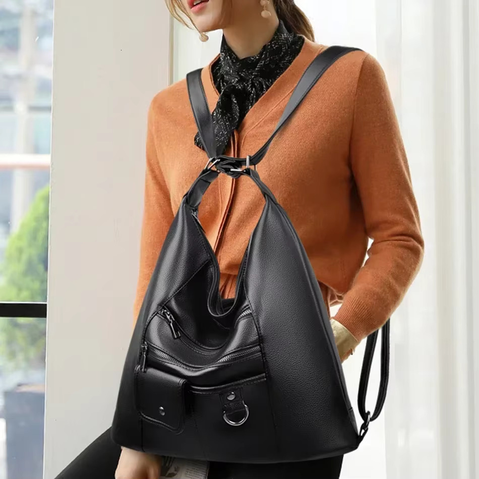 2024 Large Retro Women Shoulder Bag Designer Multi-Functional High Capacity Solid Color Leather Backpacks
