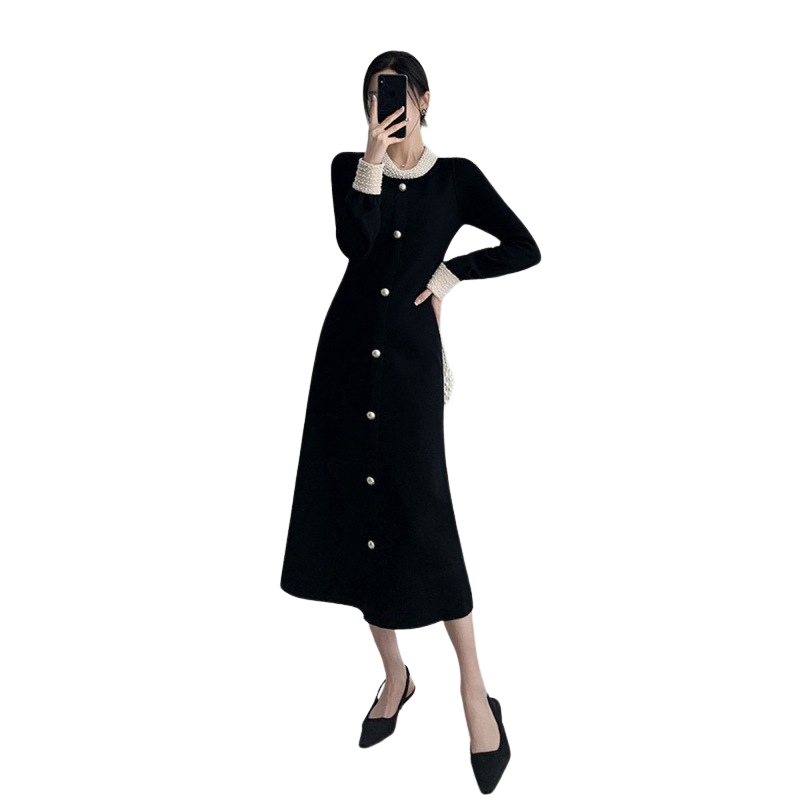 With coat long sweater skirt temperament socialite French Hepburn style black backing knitted dress women's autumn and winter
