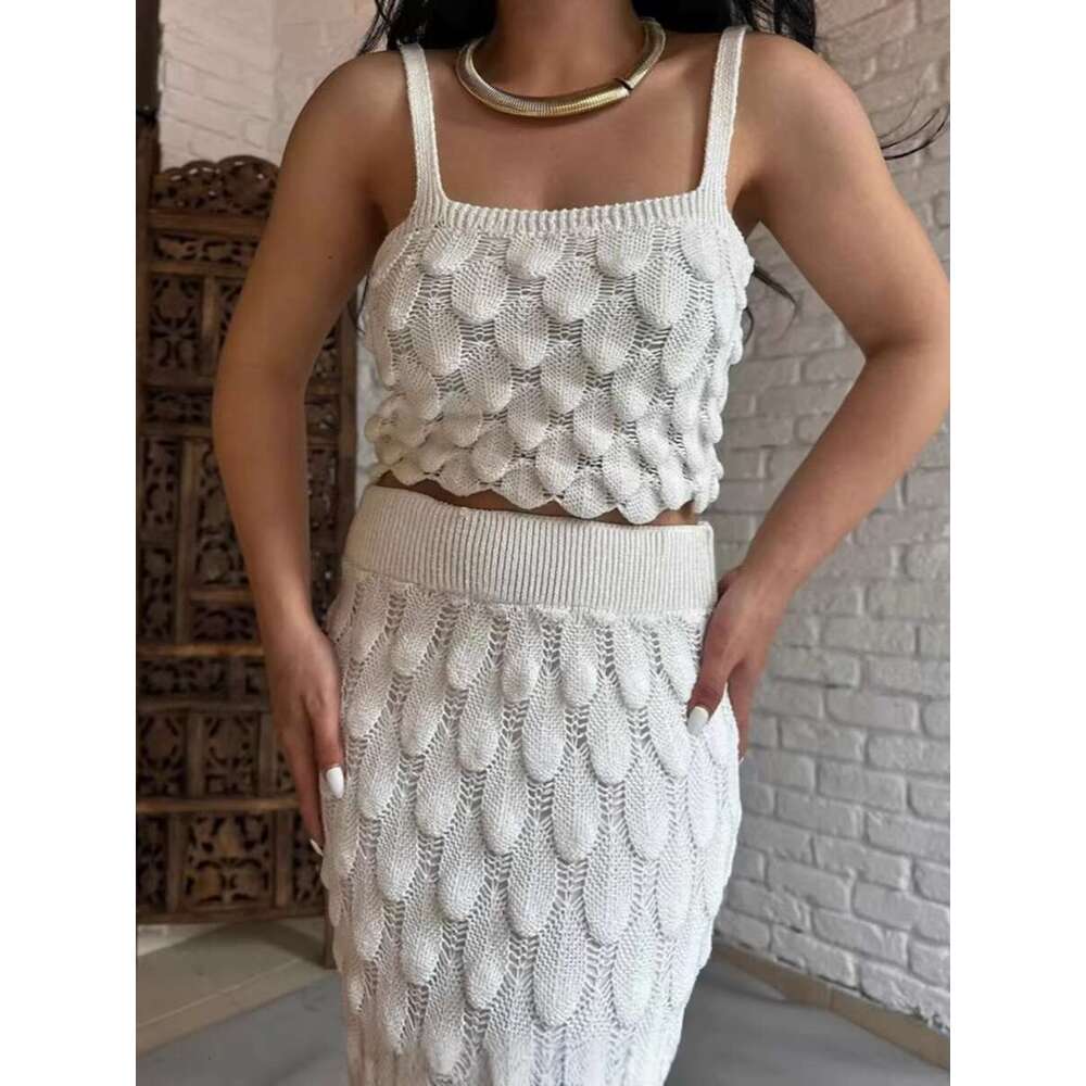 Tassel Knitted Holiday 2 Piece Women Summer Sleeveless Cropped Tank Top With Maxi Skirts Suits Casual Fashion Long Skirt Set