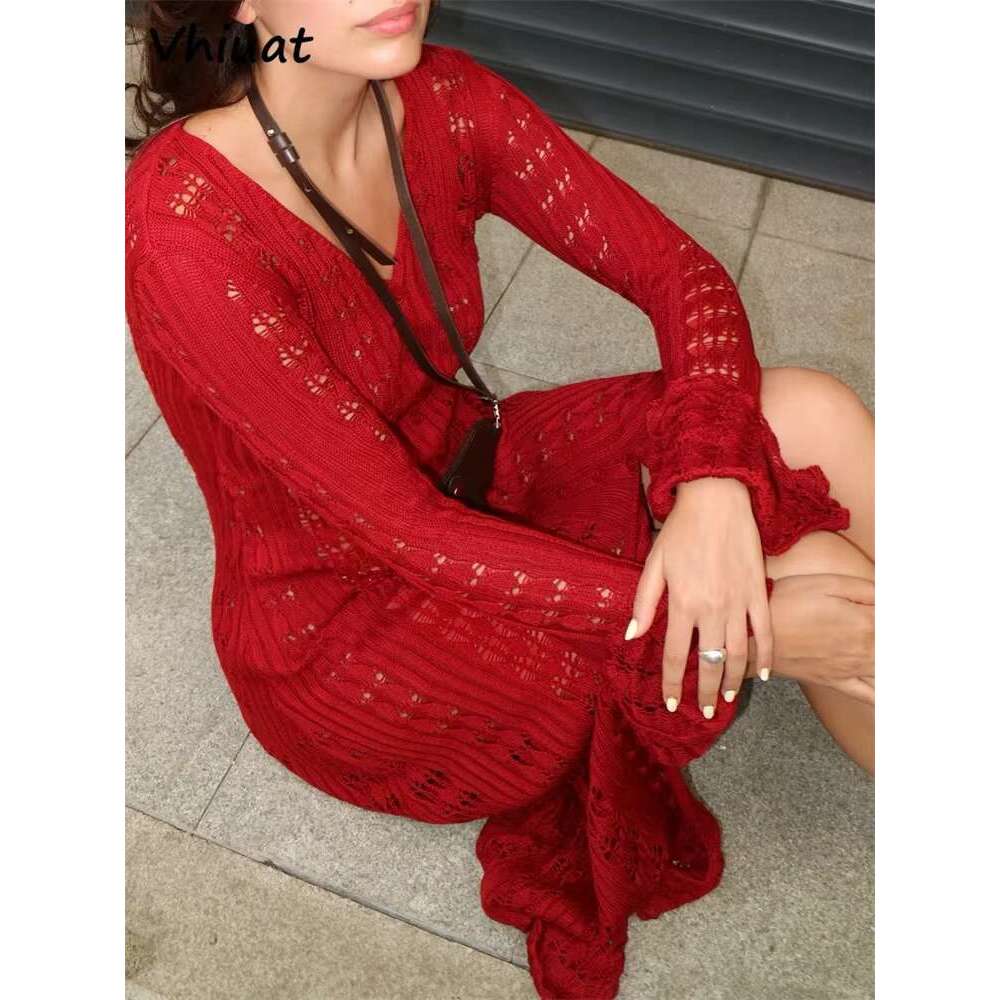 Vhiuat Knitted Sleeve Casual Party Long Flare Dresses For Women Chic Slim Hollow Out Beach Holiday Dress Autumn 2025