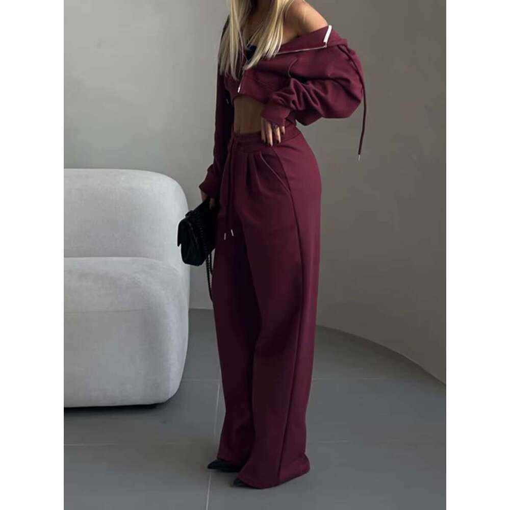 Solid Casual 2 Piece Set Women Long Sleeve Zipper Cropped Hooded Jacket+Drawstring Sweatpant Streetwear Fashion Sport Pants Sets