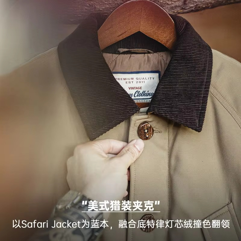 Maden Vintage Corduroy Collar Cotton Padded Safari Jacket Thickened Warm Coat For Men's Fall And Winter Versatile Overcoat