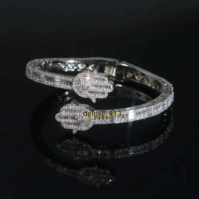 Iced Out Bg CZ Custom Opened Square Cubic Moissanite Paved Hamsa Hand Charm Bracelet Bangle Hip Hop Sparking Jewelry