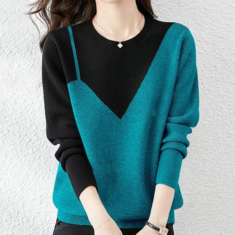 Contrasting Colors Long Sleeved Female Sweater Round Neck Lady Knitting Tops Fashion Loose Fitting Pullovers Women Knitwear 250114