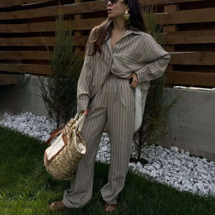 Classic Striped Loose Pants Sets Single Breasted Long Sleeve Blouse+Wide Leg Pant Casual Vintage Women's Trouser 2 Piece Set New