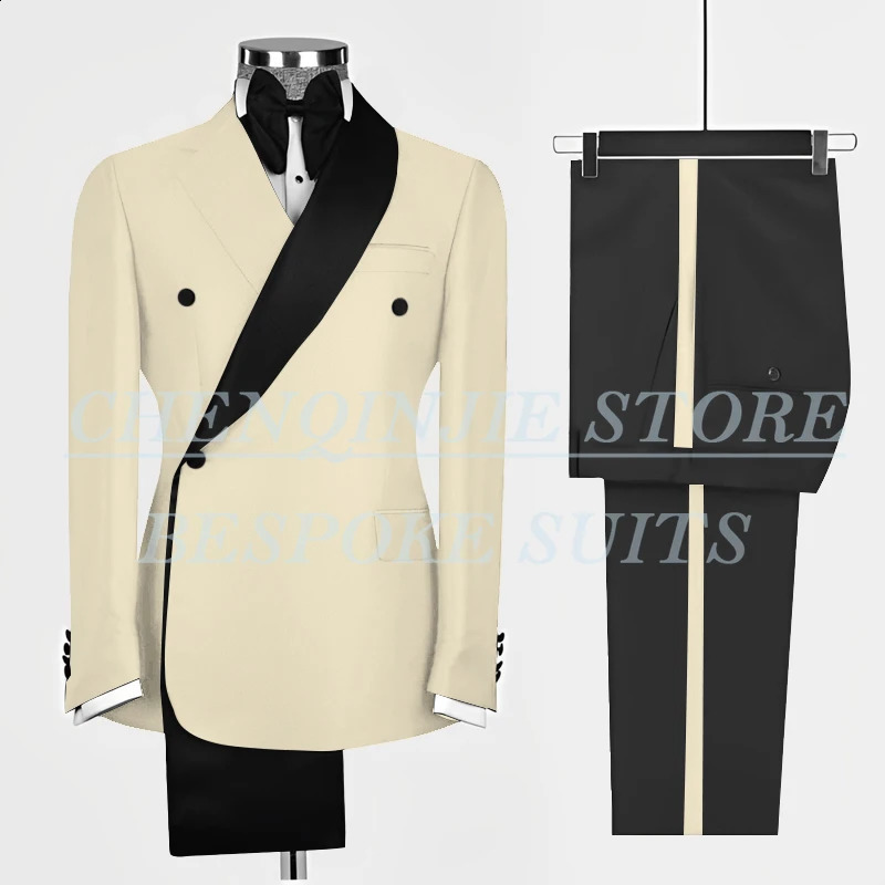 Black Men Suits Double Breasted Slim Fit Male Clothing Custom Made 2 Piece Jacket Pants Elegant Full Set Costume Homme 250121