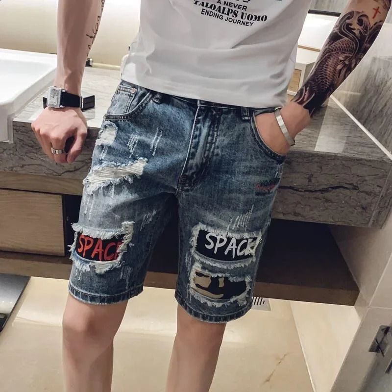 Male Denim Shorts Ripped with Text Mens Short Jeans Pants Multi Color Sale Retro Streetwear Stretch Jorts Vintage Xl Harajuku 250113
