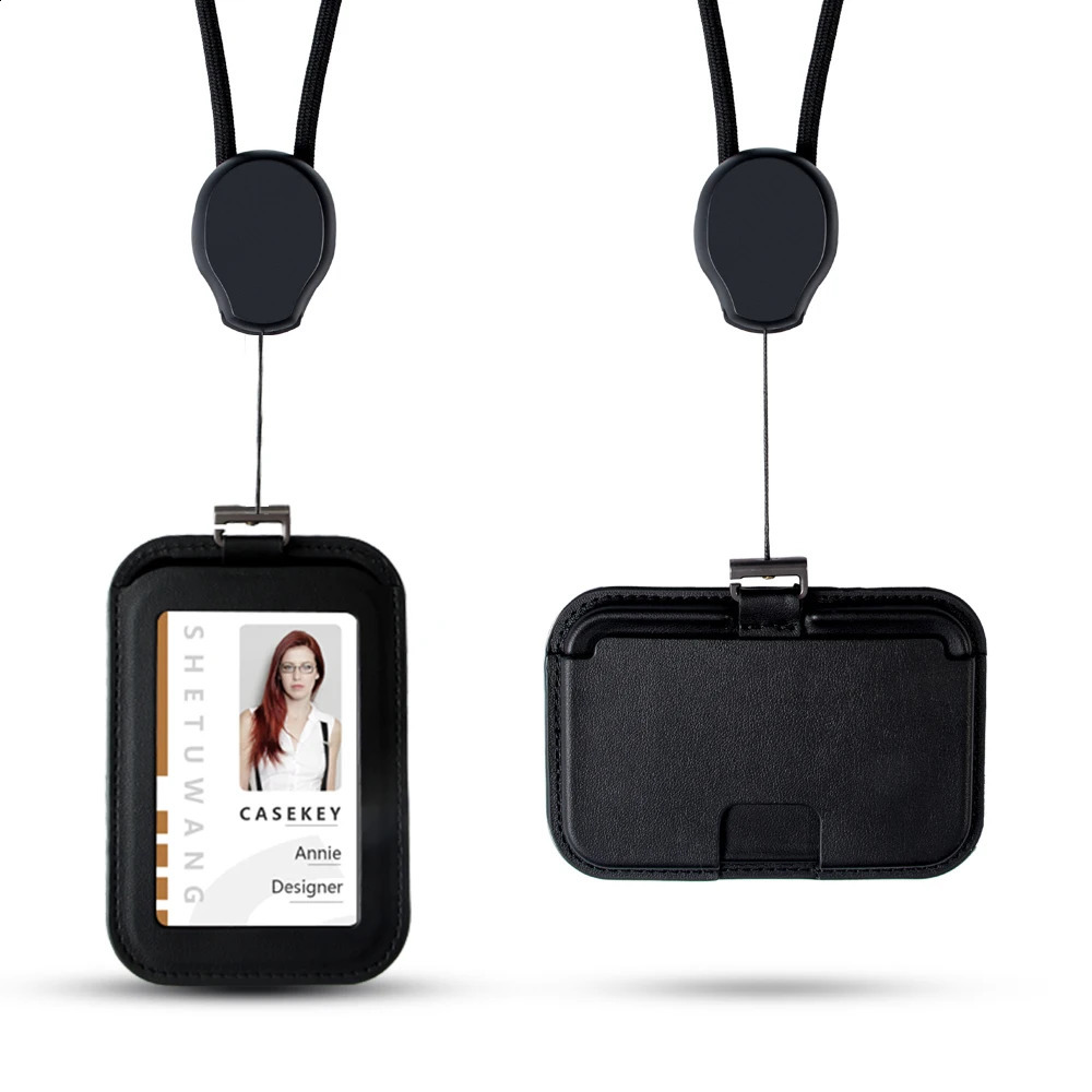 CASEKEY Adjustable Horizontal Vertical Yoyo Cow Leather ID Card Badge Holder with Long Neck Strap for Employee Doctor Nurse 250120