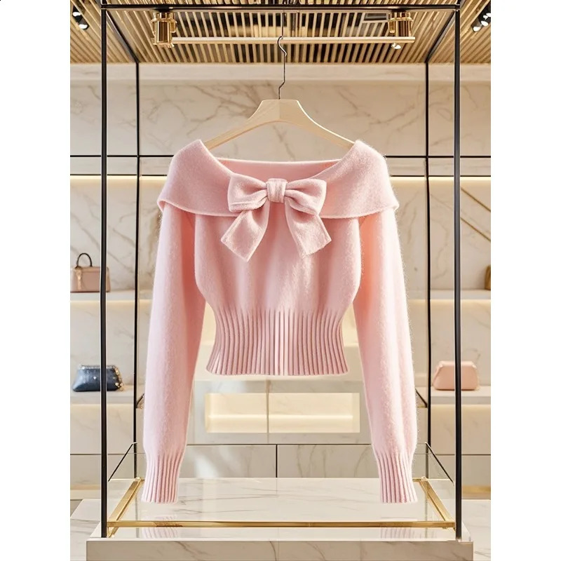 Autumn Bow Sweet Knitted Top Womens Unique Chic Soft Slim Fit Cropped Long-sleeved Lady Sweater Pullover 250118