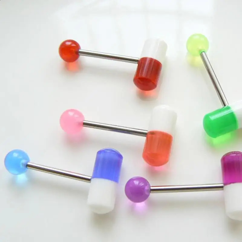 10pcslot Colorful Capsule Tongue Rings Acrylic Pill Piercing Steel Punk Body Jewelry Decor Gifts 250110