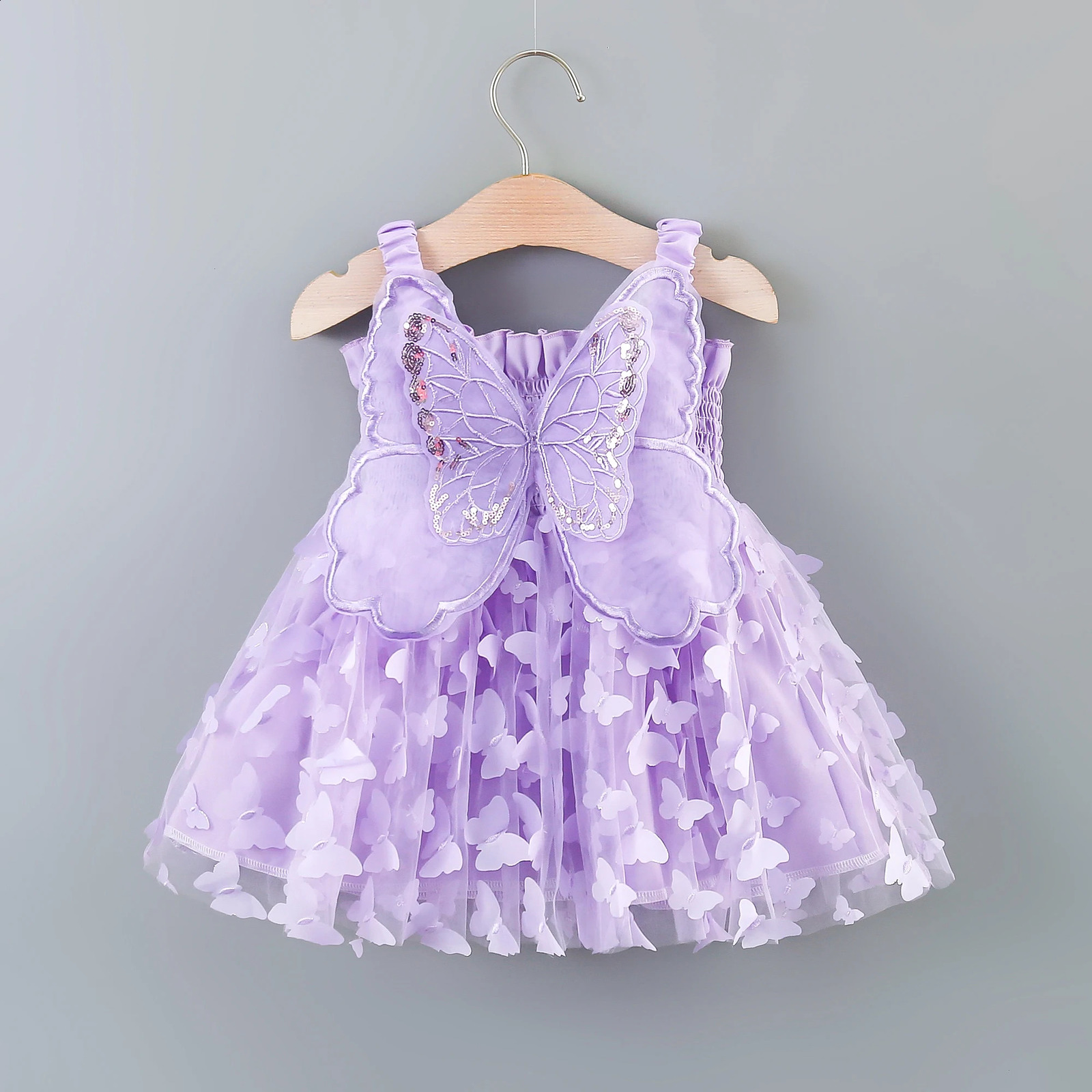 Girls Summer Dress With Large Butterfly Wings On The Back Drawstring Waist Mesh Colorful Princess Party 250116