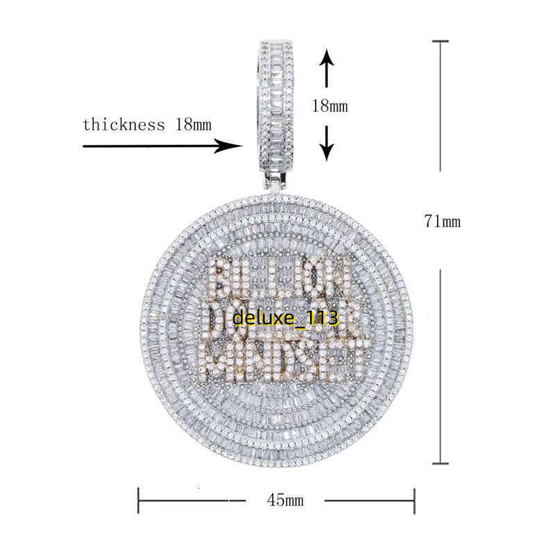 Iced Out Billion Mindset Letter Round Charm Pendant Necklace with Rope Chain Hip Hop Women Full Paved 5A Cubic Moissanite Men Gift Jewelry
