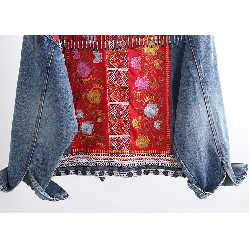 Boho Ethnic Style Sequins Beaded Tassel Vintage Flower Embroidery Women Jean Jacket Autumn Casual Loose Denim Coat Streetwear 250116
