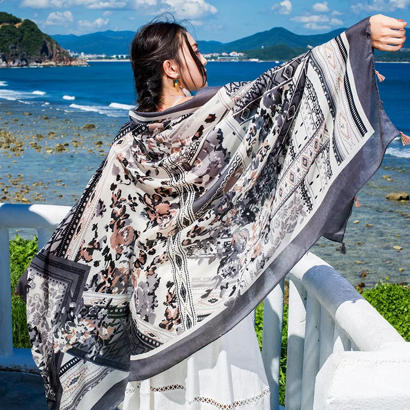 Women Scarf Sunscreen Cotton Shawls Dual-Use Summer Autumn Long Scarves Seaside Holiday Beach Towel Beachwear Veils 250120