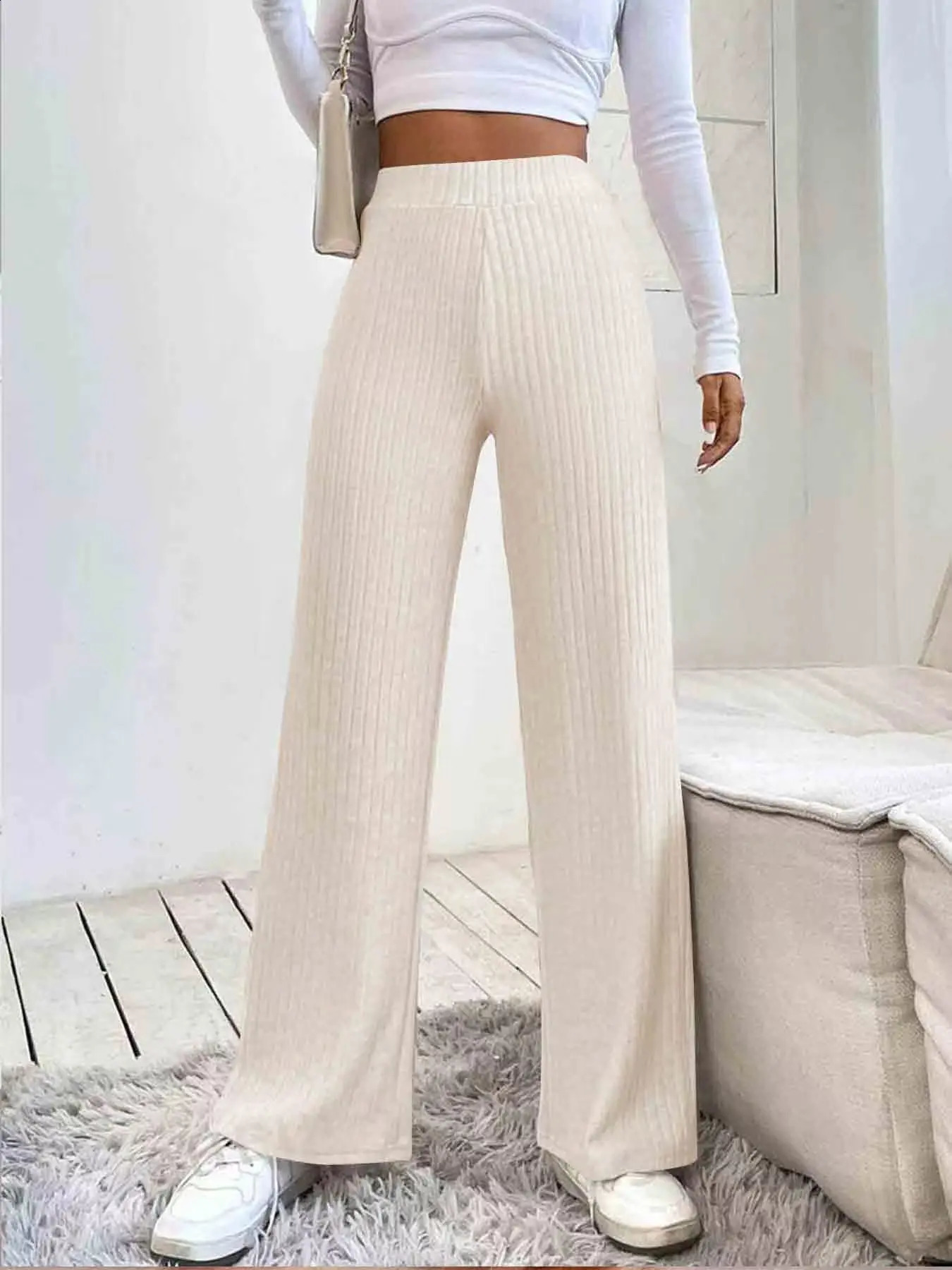 Womens Elegant Ribbed Knit Straight Pants Soft and stretchy perfect for spring autumn 250122
