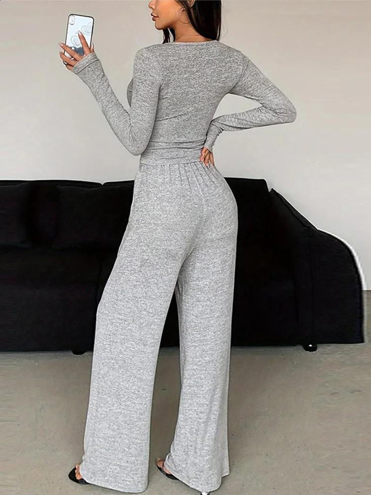 Women Two Piece Sets Pajama Set Sexy V-neck Long Sleeve Shirts Loose High Waist Wide Leg Pant Sets Lady Sleepwear Tracksuits 250120