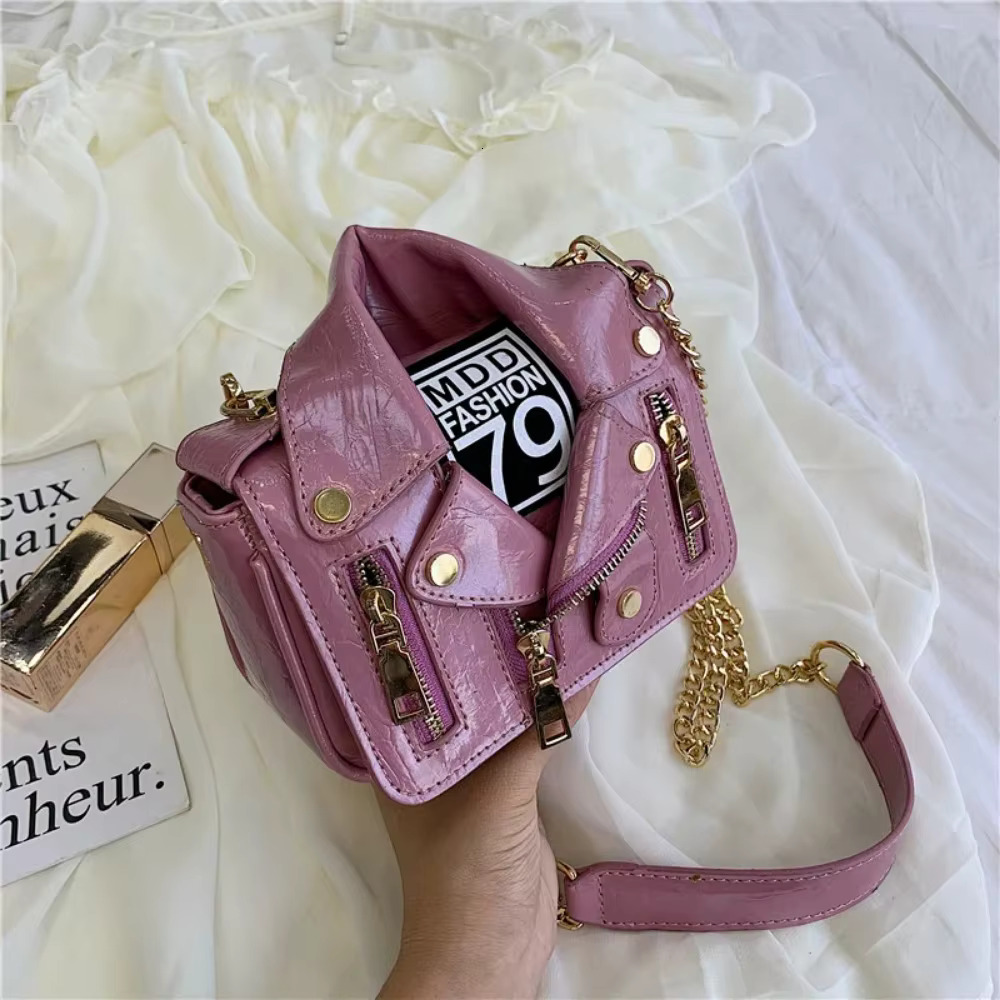 European Brand Design Chain Motorcycle Bags Clothing Shoulder Rivet Zipper Jacket Messenger Bag Women Leather Handbags