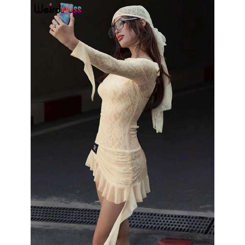 Women's Wear Dress Weird Puss Lace Patchwork Dress Woman Summer Sexy See Through Bandage Backless Ruffles Long Sleeve Irregular Hem Skinny Bodyco