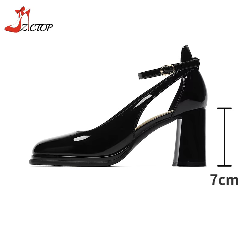 Black Ankle Strap High Heels Women Pumps Summer Fashion Chunky Heeled Mary Jane Closed Toe Sandals Ladies Beige Party Shoes