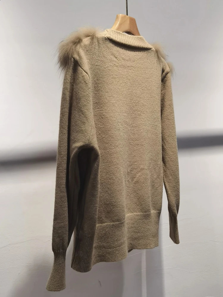 Women Spring Autumn Ladys Fashion Loose Cardigan Natural Real Fox Fur Knitted Oversize Coat Fox Fur Decoration Sweater 250117