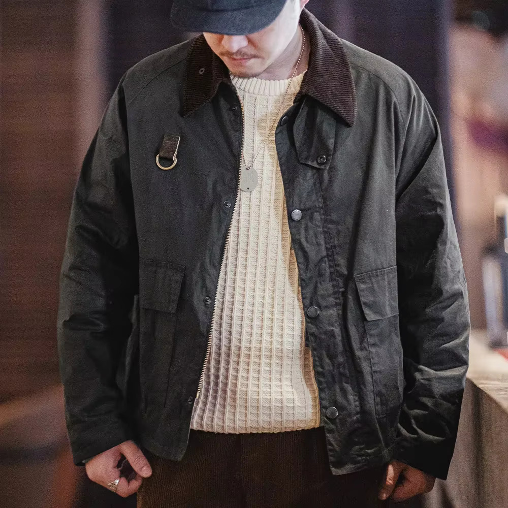 Maden Vintage Spey Waxed Fishing Jacket Distressed Outdoor Corduroy Collar With Pockets Coat For Men's Autumn Classic Overcaot