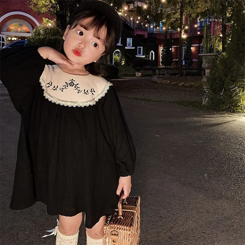 3781B1 Girls Dresses Autumn Embroidered Retro Princess Dresse Fashion 17Year Kids Dress 250116