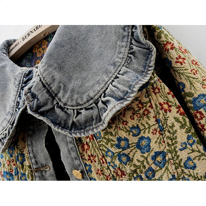 Spring Autumn Jacquard Embroidery Peter Pan Collar Denim Jacket Women Loose Short Cowboy Outerwear Casual Jeans Female 250113