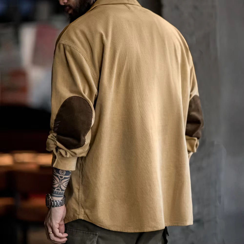 Maden Retro Corduroy Patchwork Long-Sleeve Casual Turn-Down Collar Single-Breasted Cotton Shirt Classic Men's Fall Jacket