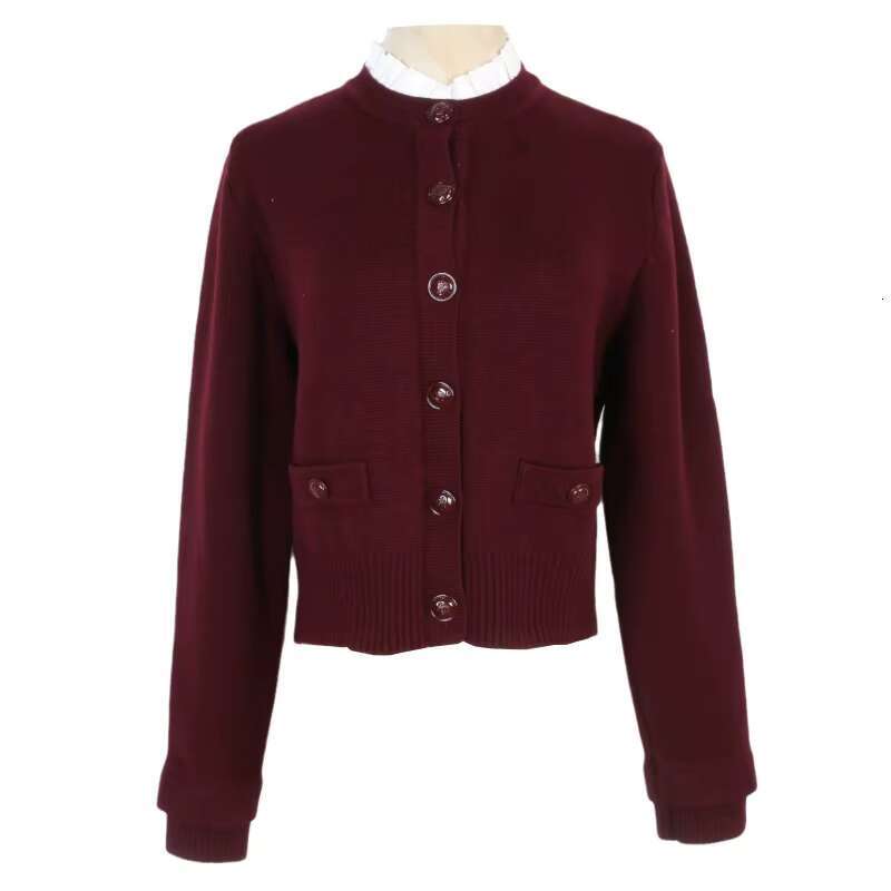 Wine Red Knitted With Contrast Collar 2025 Autumn Short Sweater Coat Women Fashion Bury Cropped Cardigan Thick Tops