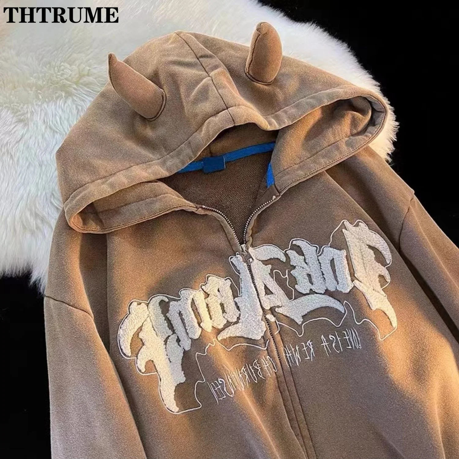 Harajuku Vintage Zipper Hoodies For Women Fashion Autumn Long Sleeve Letter Embroidery Hooded Coats Casual Y2K Retro Sweatshirts 250117