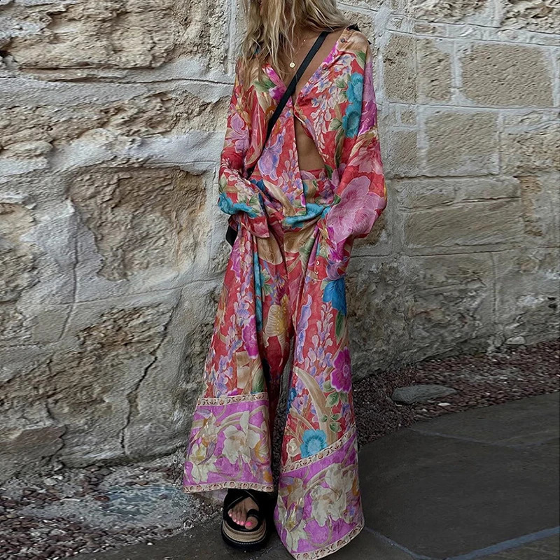 Bohemian Loose Suit Lady Button Shirt and Long Pants Holiday Outfit Casual Floral Print Womens Two Piece Set Spring Summer 250118