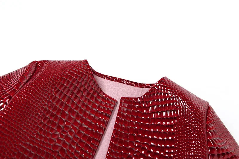 Women Fashion Red PU Leather Jacket Crop Tops O-neck Long Sleeve Open Stitch Casual Streetwear Coats Y2K Clothes Outerwear 250118