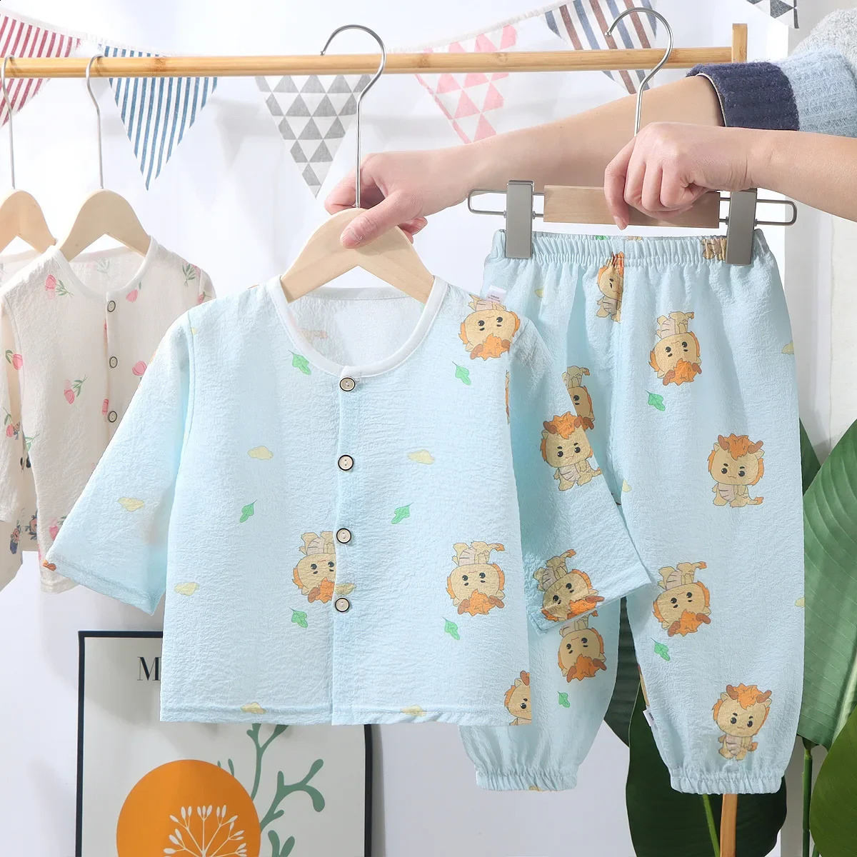 Kids Summer Thin Pajamas Sets Boys Girls Cartoon Long Sleeve Cotton Yarn Shirt Top Pants Toddler Baby Loungewear 250121