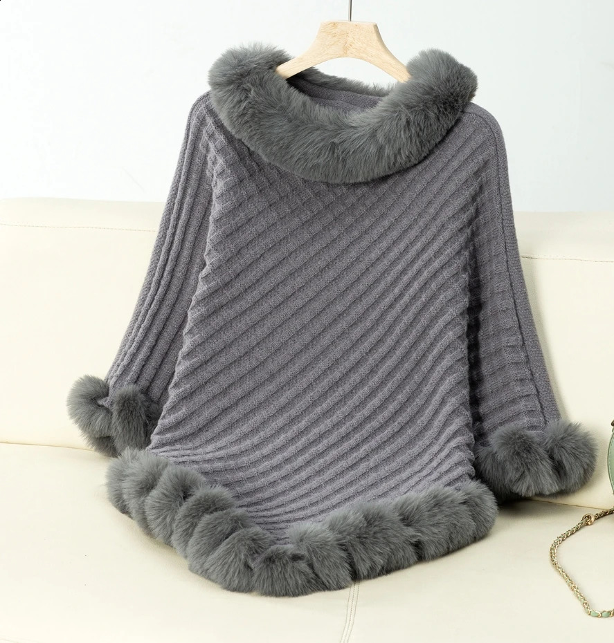 Fashion Cape Coat Women Autumn Winter Plaid Stripes Faux Fur Pullover Knit Loose Comfort Cloak Wraps Party Shawl Coat 250121