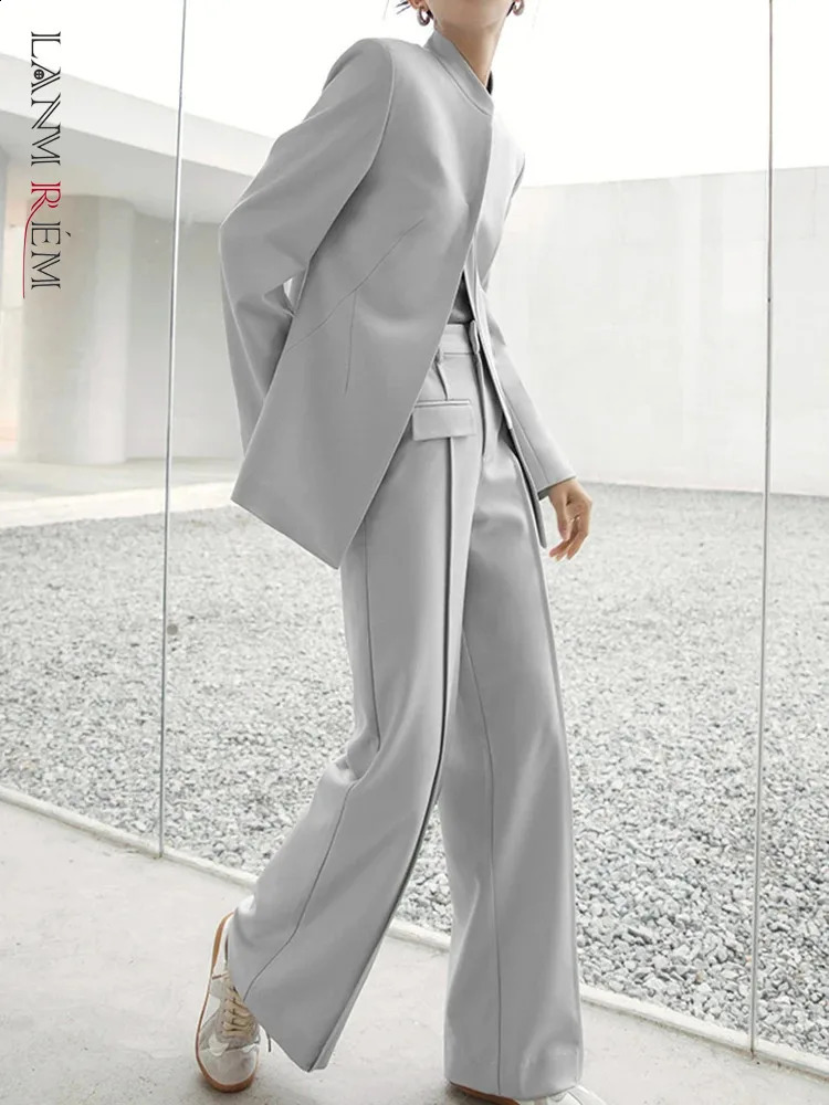 LANMREM Elegant 2 Piece Set For Women Stand Neck Zipper Cardigan Blazers High Waist Straight Pants 2025 Autumn CP3009 250114