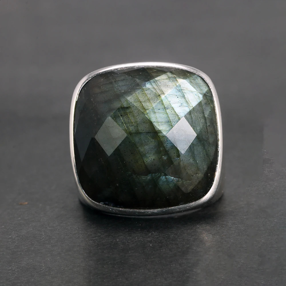 925 Silver Ring Ladies Natural Labradorite Square Glossy Minimalist Wedding Jewelry Sterling 250109