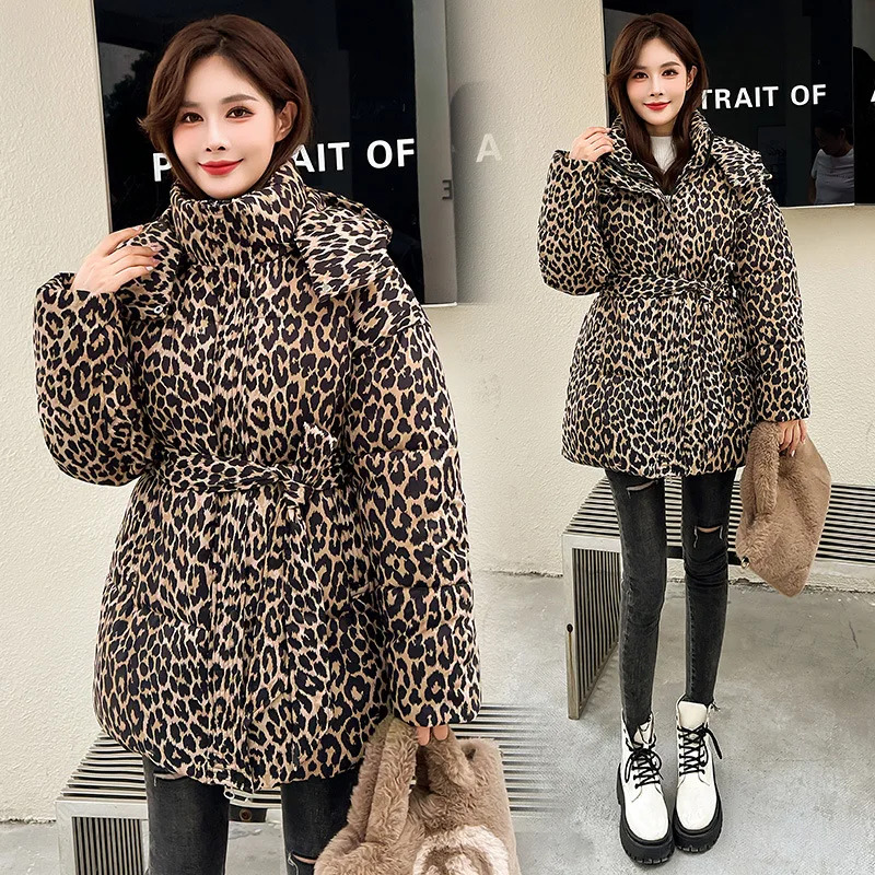 Fashion New Women's Clothing 2024 Winter Leopard Print Down Thickened Loose Cotton Jacket For Women