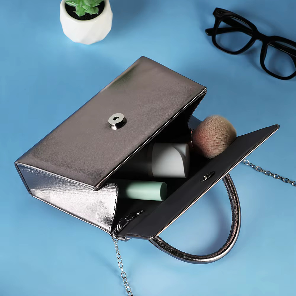 Gun Gray Leather Dinner Metal Chain Shoulder Banquet Party Travel Outing Tote Small Items Storage Bag