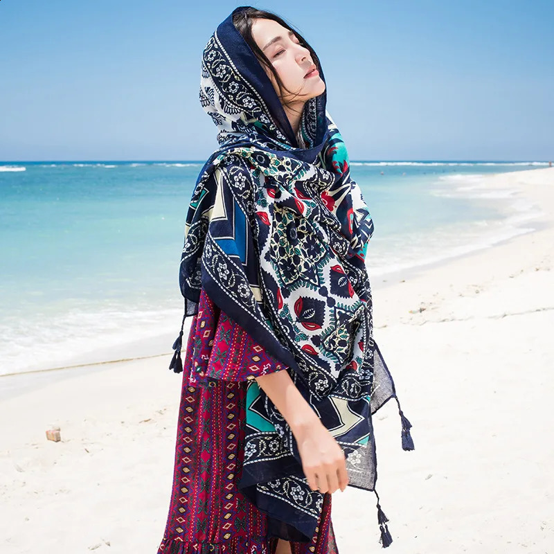 Women Scarf Sunscreen Cotton Shawls Dual-Use Summer Autumn Long Scarves Seaside Holiday Beach Towel Beachwear Veils 250120